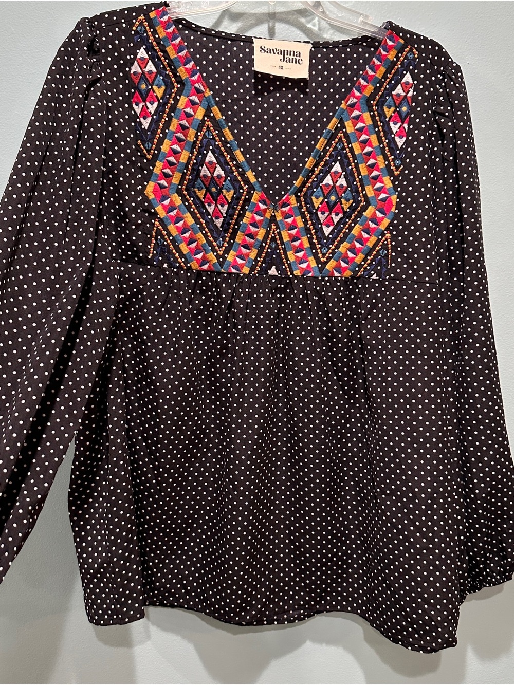 Savanna Jane Black Polka Dot Embroidered V-Neck Women's Top